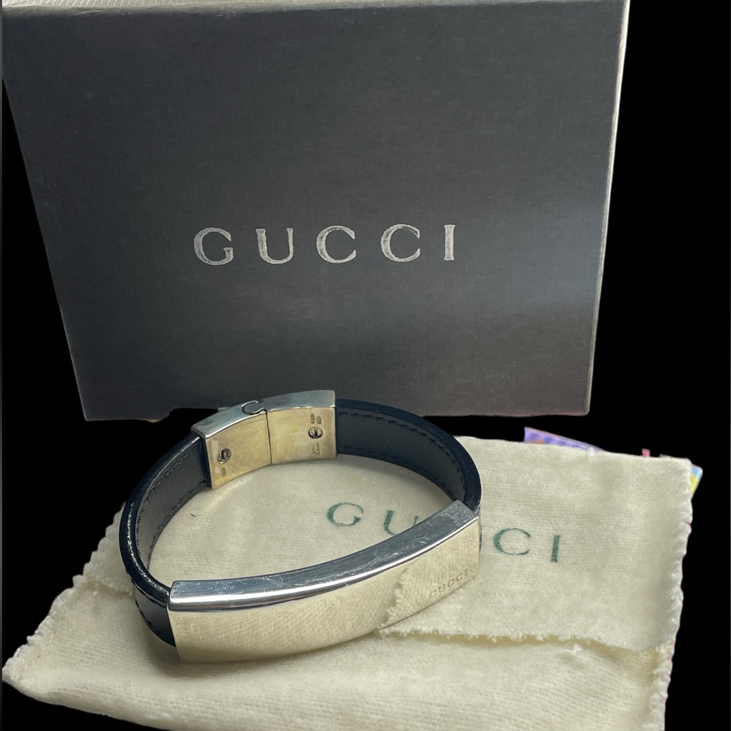 Gucci Bracciale Piccolo Cipelli 925 And Black Leather Bracelet With Box And Coa